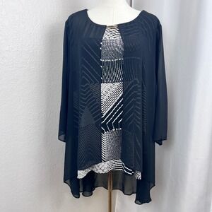 Chicos Travelers Top Womens 4 Black Sheer Overlapping Abstract Career Business